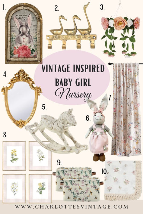 Decorate your baby girl's nursery with these vintage-inspired finds #sponsored | vintage bunny wall decor,  rocking horse, flower crib mobile, antique-style mirror, floral swaddle blanket, floral curtains, vintage all hooks, goose wall hooks, vintage bees flowers storage box, floral botanical art prints. Vintage Rose Nursery, Garden Theme Nursery Girl, Antique Themed Nursery, Antique Nursery Decor Girl, Storybook Nursery Theme Girl, Vintage Inspired Nursery Girl, Vintage Bunny Nursery, Pink Vintage Nursery, Baby Girl Vintage Nursery