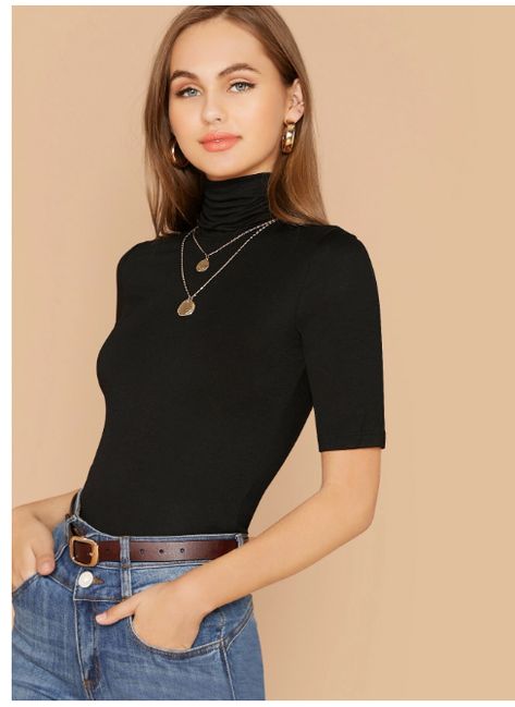 Womens Polo Turtle Neck T-Shirt Summer Tops Short Sleeve Shirts High Neck Shirts, Casual Summer Shorts, Modest Clothing, Womens Turtleneck, Polo Neck, Turtle Neck Top, Black Solid, Women Tops, Modest Outfits