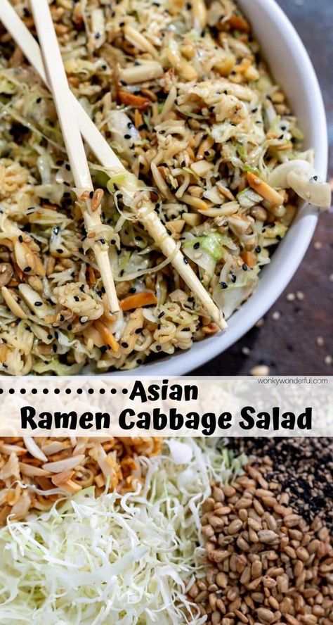 This Ramen Cabbage Salad Recipe may seem strange to anyone that is unfamiliar but if you've tried it you already know how strangely delicious it is. An Asian flavored cabbage coleslaw with nuts, seeds and crunchy ramen noodles. #asianslaw #coleslawrecipe #slawrecipe #ramencabbagesalad #ramencoleslaw #sidedishrecipes #coleslawrecipes Crunchy Ramen Cabbage Salad, Japanese Cabbage Salad Recipes, Japanese Cabbage Salad Dressing, Fresh Cabbage Salad, Japanese Coleslaw Recipe, Japanese Coleslaw, Ramen Coleslaw, Ramen Cabbage Salad, Japanese Cabbage Salad