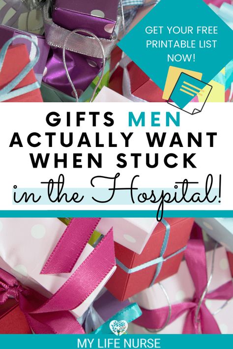 Here is a post (with a free printable list!) with 18 best gifts men actually want when stuck in the hospital. Get some great ideas for Thanksgiving, Christmas or New Year's gift baskets for men or just affordable gift ideas to help men feel more comfortable and get well soon.  #giftideasformen #mylifenurse #getwellgifts Get Well Soon Gift Ideas For Men Surgery, Illness Care Package, Post Op Care Package For Men, Gifts For Men In The Hospital, Post Surgery Gift Basket For Men, Gift Basket After Heart Surgery, Care Package For Someone In Hospital, Gift Basket For Hospital Stay, Get Well Care Package Ideas For Men