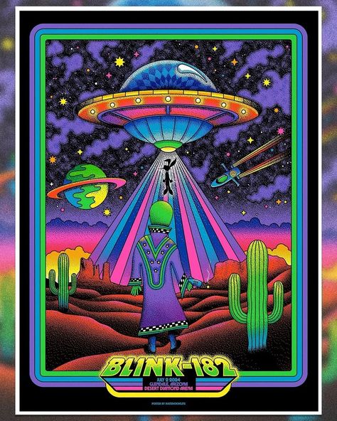 @natemoonlife Hey mom, there’s something in the backroom. Hope it’s not the creature from above ✨ 👽 I am excited to share with you all my poster art for last nights Blink-182 show in Arizona. I saw Blink-182 for the first at ny first concert at the ripe age of 8 in ‘99. They played in their underwear and I thought they were awesome. I would play out the Mark, Tom and Travis show on my discman on the bus to school. Saw them numerous times in years to follow, and even got in school suspension... Mark Tom And Travis Show, Blink 182 Art, School Suspension, In School Suspension, Tedeschi Trucks Band, Sturgill Simpson, My Morning Jacket, Trey Anastasio, Blacklight Posters