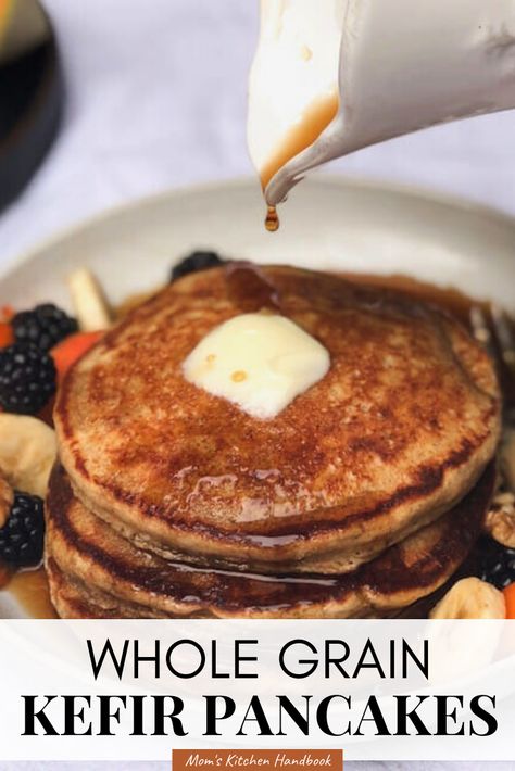 These healthy whole-grain kefir pancakes are an easy breakfast or brunch option made with whole-wheat flour and rolled oats. All you need is a blender and a skillet. #momskitchenhandbook #pancakes #pancakerecipes #kefir #wholegrain