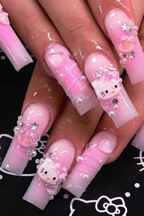 Acrylic Nail Supplies, Nail Stickers Decals, Hello Kitty Nails, Cat Nails, Gem Nails, Easter Nails, Pink Acrylic Nails, Stick On Nails, 3d Nail