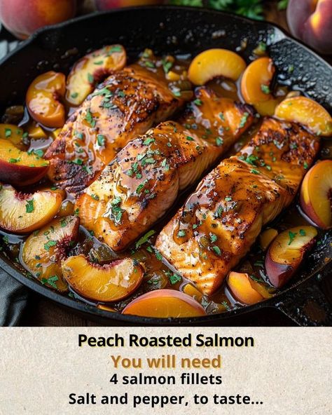 Ashley’s Recipes | Peach Roasted Salmon | Facebook Roasted Salmon, Salmon Fillets, Sea Food, Peaches, Garlic Cloves, Salt And Pepper, Olive Oil, Seafood, Garlic