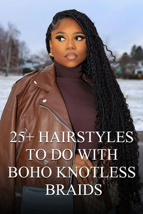 25+ Stunning Hairstyles to Try with Boho Knotless Braids Ways To Wear Boho Knotless Braids, Boho Knotless Braids Maintenance, Knotless Braids Hairstyles For Wedding, Boho Braid Style Ideas, Bohemian Braid Hairstyles, Styling Bohemian Knotless Braids, Boho Braids In A Bun, Boho Braids Wedding, How To Style Bohemian Braids