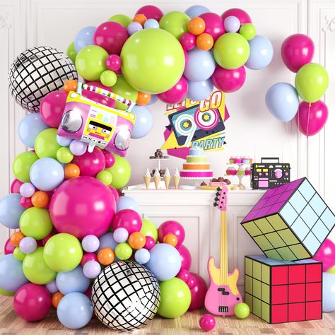 PRICES MAY VARY. Disco Party Decorations Balloons Arch Kit：This disco party decorations balloons arch kit includes 5 inch: 10 x fruit green , 10 x hot pink , 8 x orange , 10 x macaron blue , 10 x macaron purple.12 inch:10 x macaron blue , 16 x fruit green , 16 x matte-rose.18 inch: 1 x fruit green , 1 x hot pink , 2 x disco 4d balloon.1 x radio foil balloon.A16ft roll of balloon chain and 3 dispensing balloon dot Premium Material：Our Hot Pink Green Balloons are crafted from natural latex, making Hip Hop Decorations, Disco Balloon Garland, 90s Disco Party, Hop Decorations, Hot Pink Balloons, 90s Disco, 80s Halloween, Green Balloons, Balloons Arch