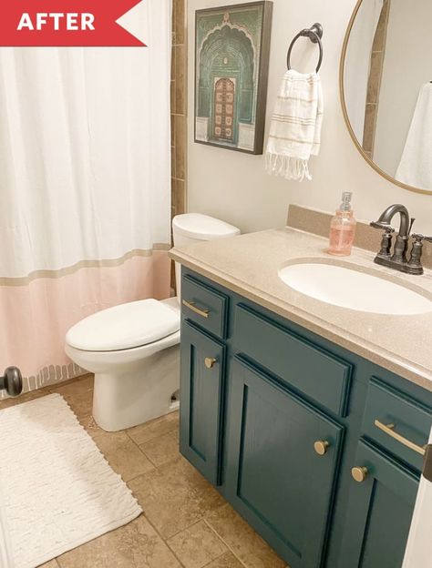 DIY $250 Bathroom Refresh Painted Blue Vanity | Apartment Therapy Beige And Blue Bathroom, Teal Bathroom Ideas, Painted Vanity Bathroom, Green Bathroom Vanity, Turquoise Bathroom, Blue Bathroom Vanity, Painting Bathroom Cabinets, Green Vanity, Teal Bathroom