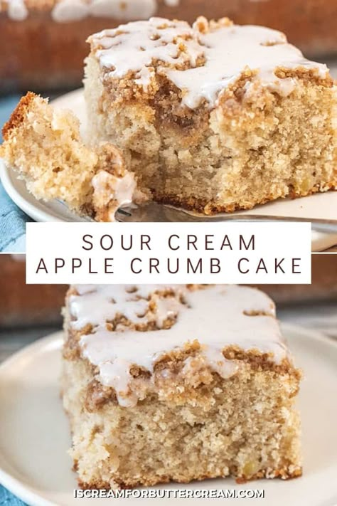 This sour cream apple crumb cake has amazing flavor. It's a moist coffee cake with apples, plus a cinnamon streusel on top, then drizzled with glaze. Brookie Cake, Apple Sour Cream Cake, Cake Recipe With Sour Cream, Apple Crumb Cake Recipe, Apple Streusel Cake, Moist Coffee Cake, Cake With Apples, Apple Crumb Cake, Cinnamon Crumb Cake