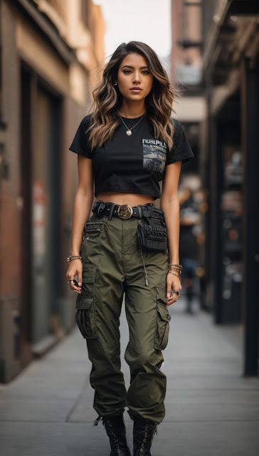 Biker Look Women Outfits, Women Combat Pants, Army Look Women Outfits, Combat Fashion Women, Woman Combat Outfit, Utility Outfit Women, Leather Jacket With Cargo Pants, Women Cargo Pants Outfit Street Styles, Warehouse Outfit Women