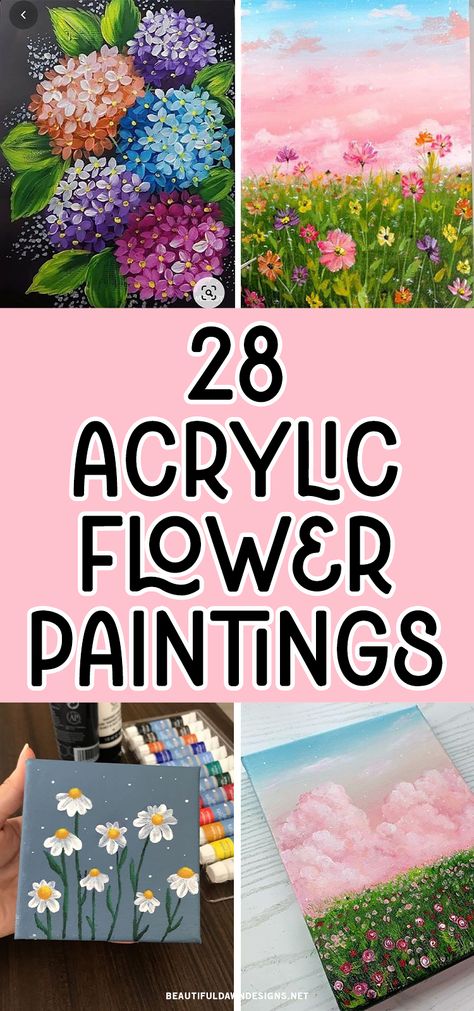 Looking for a way to add life and color to your home? Look no further than acrylic flower paintings! These versatile works of art can range from bright and bold to soft and serene, and they make a perfect addition to any room. We'll showcase 28 stunning acrylic flower paintings that are sure to inspire you. Paint And Sip Ideas Floral, Painting A Flower Easy, Easy Flower Canvas Painting Ideas, Paintings Of Flowers Easy, Small Flowers Acrylic Painting, Diy Acrylic Flower Painting, Flower Painting Inspiration, Painting Small Flowers Simple, Painting Wildflowers Easy