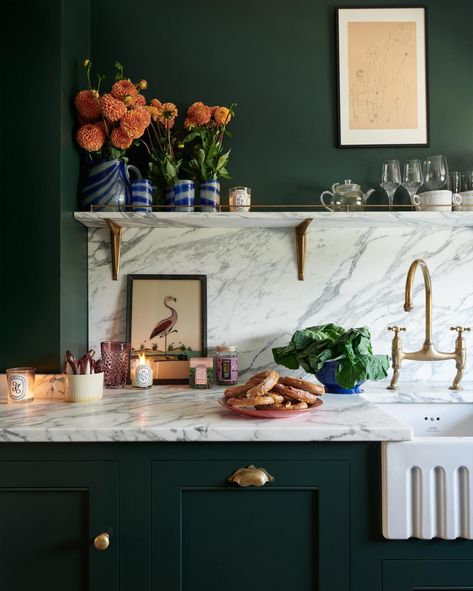 The Clapham Kitchen | deVOL Kitchens Classic English Kitchen, Olive Green Kitchen, Riverside Apartment, Wall Cupboards, Checkerboard Floor, Devol Kitchens, English Kitchens, Marble Sinks, Green Cabinets