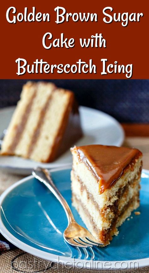 Three layers of old fashioned yellow cake doused in homemade butterscotch icing that sets up into a soft and sliceable butterscotch candy. If you are a fan of butterscotch flavor, you'll want to make this butterscotch cake recipe. #cakerecipes #butterscotchcake #oldfashionedcakerecipes #butterscotch #pastrychefonline.com Butterscotch Layer Cake, Butterscotch Caramel Cake, Butterscotch Filling For Cake, Butterscotch Fluff, Butter Scotch Cake Designs, Butterscotch Filling, Butterscotch Icing, Butter Scotch Cake, Butterscotch Glaze