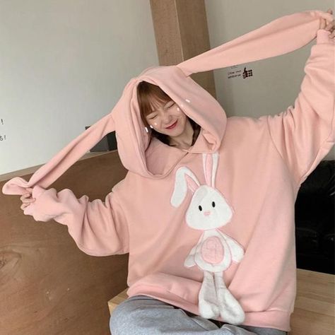 Cute Kawaii Outfits, Harajuku Clothes, Bunny Embroidery, Streetwear Girl, Loose Hoodie, Hoodie Oversize, Winter Color, Bunny Ears, Embroidered Hoodie