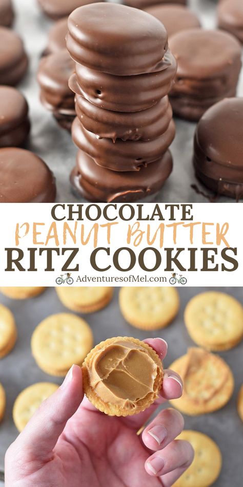 Simple no bake recipe for chocolate covered peanut butter Ritz cracker cookies, the perfect dessert for parties and holidays with friends and family. #adventuresofmel #chocolate #peanutbutter #candy Chocolate Covered Peanut Butter Ritz, Ritz Cracker Cookies, Ritz Cookies, Ritz Cracker Recipes, Holiday Candy Recipes, Peanut Butter Dessert Recipes, Chocolate Peanutbutter, No Bake Recipe, Dessert Oreo