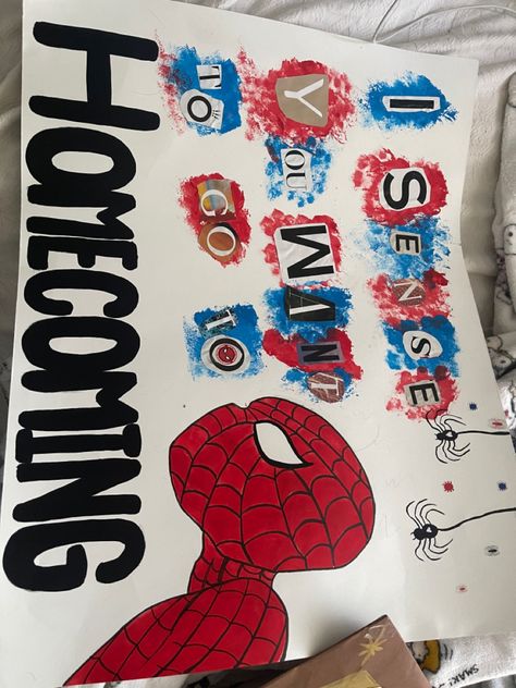 Spiderman Homecoming Poster Ideas, Cute Hoco Ideas Poster, Spider Man Homecoming Poster Ideas, Spider Man Dance Proposal, Spiderman Hoco Proposals Ideas, Hoco Poster Ideas Spiderman, Sadie Sign Ideas, Spider Man Hoco Proposal Poster, Wall-e Hoco Proposal