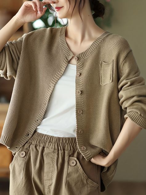 Solid Button Up Knit Cardigan, Vintage Crew Neck Long Sleeve Pocket Sweater, Women's Clothing Long Sleeve Coat, Pocket Sweater, Long Sleeve Outerwear, Casual Outerwear, New Retro, Collar Cardigan, Long Sleeves Coats, Casual Coat, Knitting Women