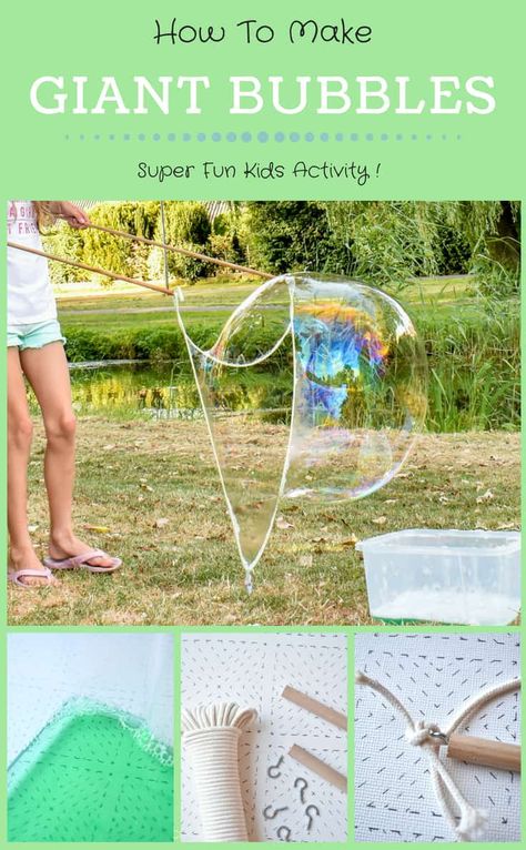 Learn how to create super fun giant bubbles with a couple of sticks and some string! #summer #summeractivities #kidsactivities #stem Giant Bubble Recipe, Big Bubble Wand, Bubble Diy, Giant Bubble Wands, Bubble Recipe, Savon Diy, Outdoor Party Games, Bubble Solution, Homemade Bubbles