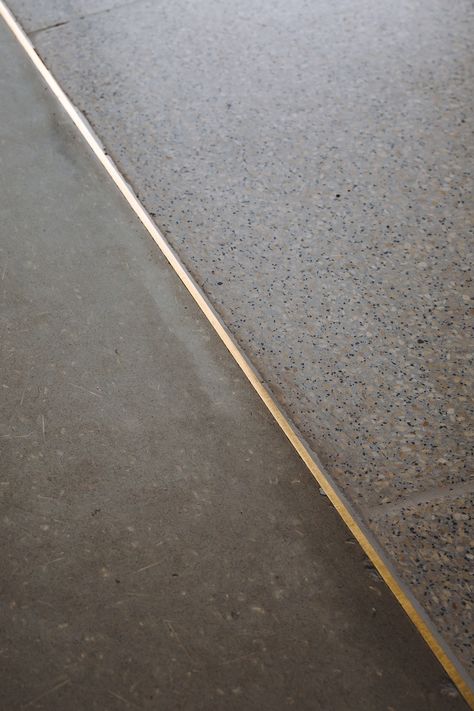 Terrazzo and Concrete floor, brass inlay Terrazo Concrete Floor, Small Basement Design, Small Basement Bathroom, Basement Bathroom Design, Inlay Flooring, Polished Concrete Floors, Kids Bedroom Remodel, Small Bedroom Remodel, Concrete Stairs