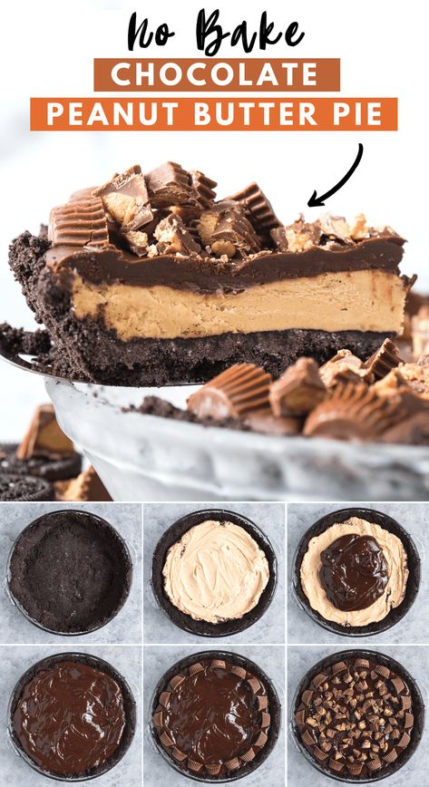 Our reese peanut butter cups pie recipe is the perfect no bake dessert made with only 8 ingredients! This reese’s pie has an oreo crust, creamy peanut butter filling and is loaded with reese’s peanut butter cups. Peanut Butter Cup Pie Recipe, Chocolate Peanut Butter Pie, Easy Chocolate Desserts, Cake Mug, Reeses Cups, Oreo Crust, Dessert Aux Fruits, Frosé, Peanut Butter Desserts