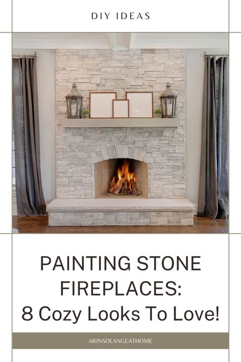 How to paint a stone fireplace. Stone fireplace DIY looks that you will love! Cozy fireplace ideas. How To Update Rock Fireplace, Painted Stack Stone Fireplace, Round Stone Fireplace Makeover, Painting Faux Rock Fireplace, How To Redo A Stone Fireplace, Stone Fireplace Painting Ideas, Chalk Paint Stone Fireplace, Paint Faux Stone Fireplace, Painting Faux Stone Fireplace