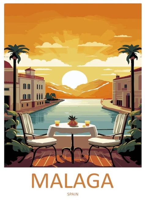 Mexico Travel Poster Vintage, 50s Travel Poster, Vintage Travel Posters Greece, Cards Poster, Vintage Travel Posters Spain, Algeria Travel Poster, Europe City, Porch Balcony, Malaga Spain