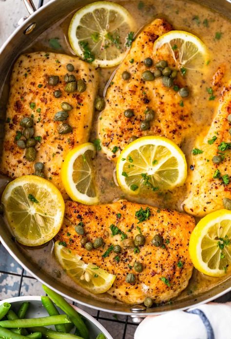 Easy Chicken Piccata with lemon white wine sauce with lemons and capers in skillet Easy Chicken Piccata, Lemon Chicken Piccata, Chicken Recipes Easy Quick, Piccata Recipe, Chicken Piccata Recipe, Oven Chicken Recipes, Healthy Chicken Recipes Easy, Chicken Recipes Video, Seasoning Salt