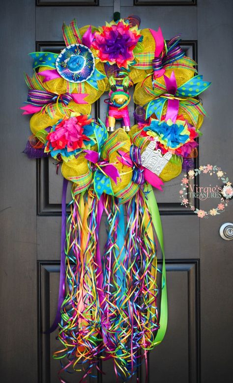 550 Fiesta Ideas Mariachi Hat, Fiesta Wreath, Tin Ornaments, Fiesta Dress, Fiesta Theme Party, Colorful Wreath, Mexican Party Theme, Mexican Christmas, Deco Wreaths