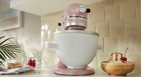 Pink KitchenAid® stand mixer next to ice cream sundae Homemade Vegan Ice Cream, Pink Kitchenaid, Kitchenaid Blender, Vegan Ice Cream Recipe, Gluten Free Ice Cream, Countertop Appliances, Kitchenaid Stand Mixer, Ice Cream Recipe, Dairy Free Options