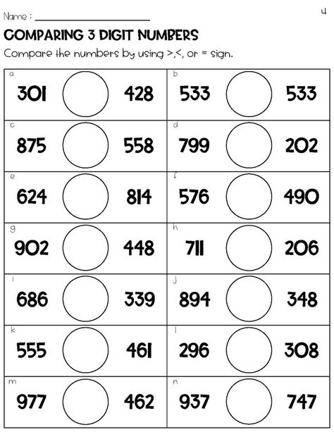 Greater than less than equal to,comparing digit numbers that help students learn to compare two groups of objects up to 999 by using <,>,or= 3 Digit Numbers Worksheets, Comparing 3 Digit Numbers, Comparing Numbers Worksheet, College Math, Greater Than Less Than, Three Digit Numbers, Numbers Worksheets, Math Subtraction, Math Sheets