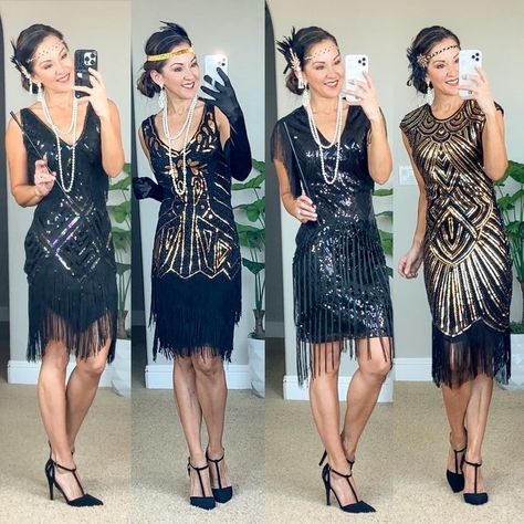 black fringe flapper dresses, black and gold dresses, fringe and sequin dresses 1920s Party Outfit, 20s Party Outfit, Great Gatsby Outfit, Gatsby Style Dresses, Gatsby Party Outfit, Gatsby Outfit, Gatsby Party Dress, Roaring 20s Fashion, Gatsby Costume