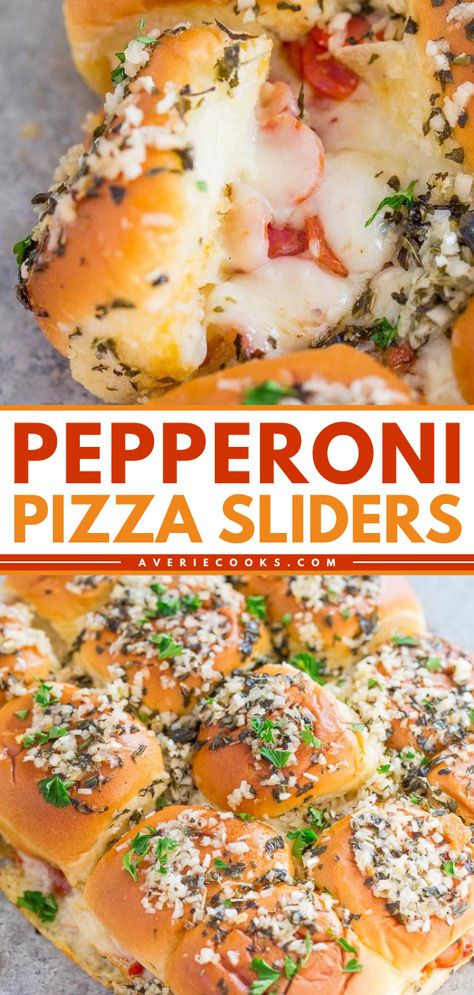 An easy slider recipe for a crowd! It's just in time for your tailgating party. Baked in Hawaiian rolls with Parmesan and loads of mozzarella, these cheesy pepperoni sliders are an irresistible football food idea. Everyone will love this game day appetizer! Gameday Foods Football, Football Healthy Party Food, Large Gathering Meals, Nfl Game Day Food, Easy Party Dinner For A Crowd, Fall Football Recipes, Lunch Tailgate Food, Softball Potluck Ideas, Game Day Tailgate Food