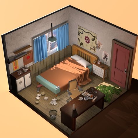 Uzumaki Naruto room  by Sedthawut DetakaratCharacter room project Uzumaki Naruto room from Naruto. Naruto Shifting Visualization, Room Design Anime, Naruto Room Ideas, Naruto Room Decor, Naruto Bedroom, Naruto Room, Naruto Background, Small Game Rooms, Bedroom Wall Paint