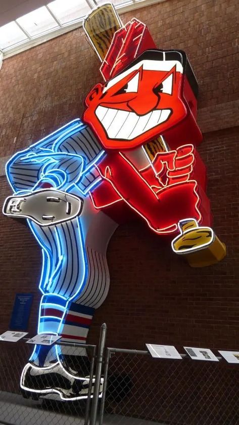 Since 1928 - A Pictorial History of the Cleveland Indians and Chief Wahoo Logos - ICT News Cleveland Indians Logo, Fun Signage, Major League Baseball Stadiums, Indian Logo, Cleveland Indians Baseball, Indians Baseball, Indian Colours, Vintage Neon Signs, Old Signs