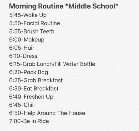 morning Routine for all my middle schoolers out there if this helpful follow me 😊 Morning Routines For Middle Schoolers, Cheer Morning Routine, Routines For Middle Schoolers, 7th Grade Morning Routine, 6th Grade Morning Routine, Middle School Morning Routine, 7th Grade Tips, Morning Ideas, Morning Routine Kids