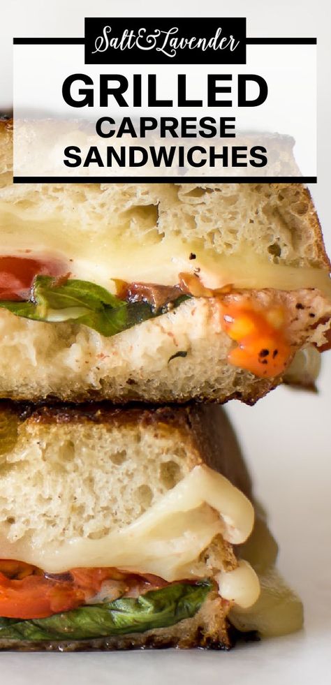 two stacked grilled cheese sandwiches with text overlay that reads grilled caprese sandwich Caprese Sandwiches, Caprese Grilled Cheese, Caprese Panini, Grilled Cheese Sandwich Recipe, Panini Recipe, Crispy Bread, Cheese Sandwich Recipe, Caprese Sandwich, Grill Cheese Sandwich Recipes