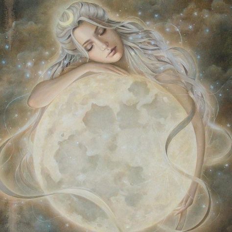 is considered to be the personification of the moon and represents the many phases we experience in Life. Selene has the power to give sleep and to light up the night. She has control over time, and like the Moon itself, she is ever-changing. Beautiful art by Kseniia Boko From Goddess Central [FB] Luna Anime, Luna Goddess, Moon Goddess Art, Goddess Aesthetic, Greek Mythology Gods, Star Goddess, Greek Gods And Goddesses, Moon Princess, Celestial Art