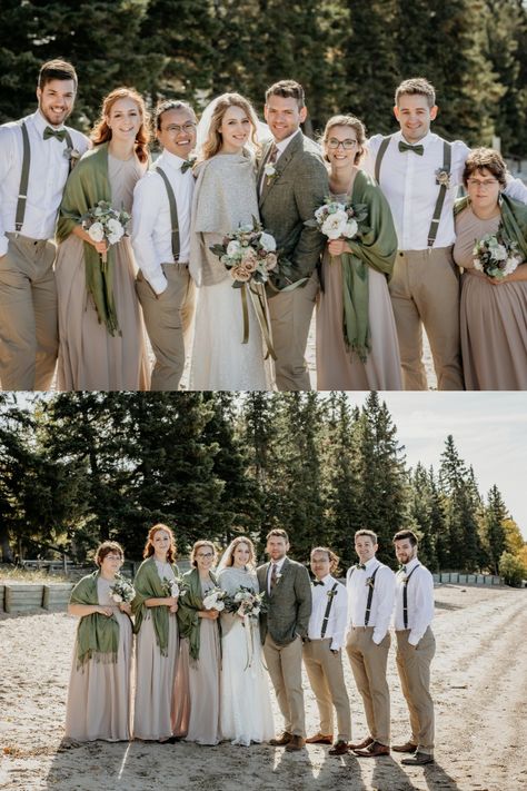 Green Bridesmaid Brown Groomsmen, Suspenders And Bow Tie Wedding, Bridesmaid Dresses Khaki, Sage Green Khaki Wedding, Taupe And Sage Wedding, Taupe Suit Wedding, Khaki And Sage Groomsmen, Khaki And Sage Wedding, Safe Green Groomsmen