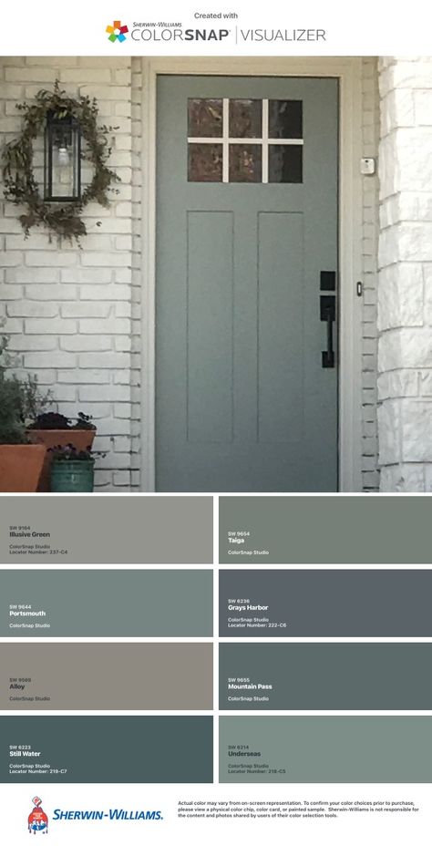 Front Door Colors For Cream Colored House, Greenish Blue House Exterior, Gray Siding Door Color Ideas, Cottage Outdoor Paint Colors, Green Exterior House Colors Farmhouse Sherwin Williams, Blue Green Grey Exterior House Colors, Front Door Colors Interior Entryway, Front Porch Colors Scheme, Green Exterior Door Paint Colors