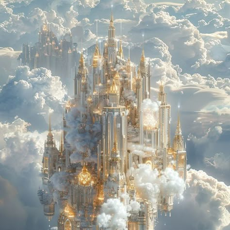 Heaven Castle Aesthetic, Heavenly Fantasy World, Sky Kingdom Aesthetic, What Heaven Looks Like, Sky Castle Aesthetic, Heaven Concept Art, Fantasy Sky City, Castle In The Sky Aesthetic, Angel Architecture