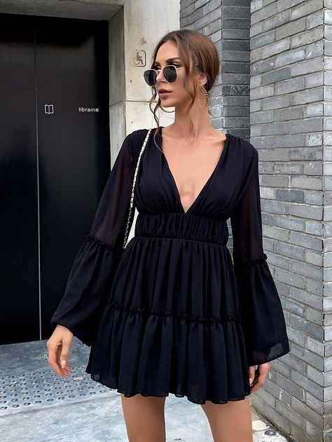 Missord Plunge Neck Frill Ruffle Hem Chiffon Dress Chiffon Beach Dress, Ikat Kepala, Robes Glamour, Low Cut Dresses, 파티 드레스, Flare Long Sleeve, Chiffon Mini Dress, Dress Chiffon, Flounce Sleeve