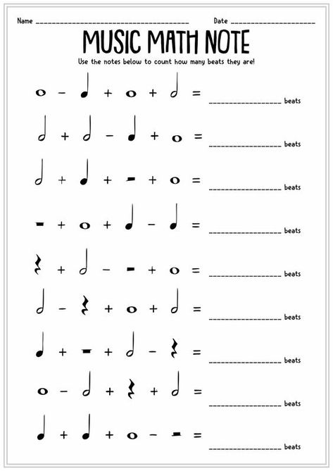 Note Naming Worksheets, Note Value Worksheet, Music Math Worksheet, Music Note Worksheets, Music Note Printable, Note Symbols, Music Class Worksheets, Music Rhythm Worksheets, Free Music Theory Worksheets