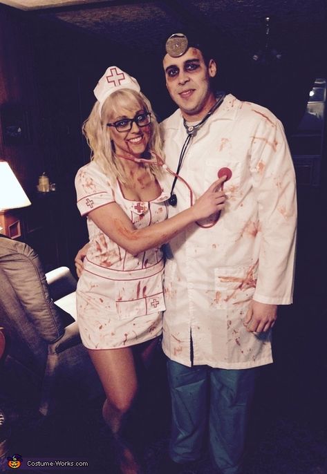 Zombie Doctor Makeup, Nurse And Doctor Couple, Nurse And Doctor Costume Couple, Halloween Nurse Costumes, Doctor Halloween Costumes, Halloween Costume Doctor, Halloween Nurse Makeup, Scary Nurse Costume, Zombie Nurse Costume