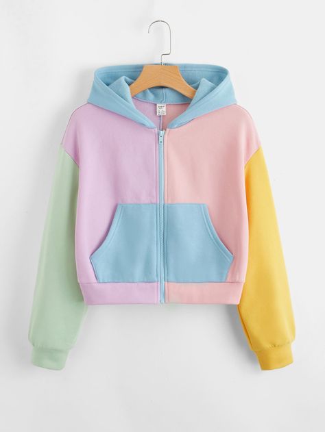 Multicolor Casual Collar Long Sleeve Fabric Colorblock Zip Up Embellished Slight Stretch All Girls Clothing Color Block Clothes, Colorblock Outfits, Pastel Clothes, Bright Clothes, Pastel Clothing, Pastel Sweatshirt, Pastel Outfits, Colorblock Shirt, Colorblock Sweatshirt