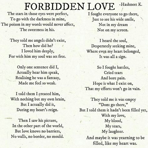 Forbidden love by Hashneet K #love #poetry #sad #warrior #poetsofinstagram #poetsoftumblr Love Spoken Poetry, Forbidden Love Dialogue Prompts, Forbidden Love Ideas, Forbidden Love Story Prompts, Forbidden Love Writing Prompts, Forbidden Love Poem, Forbidden Love Poetry, Forbidden Love Prompts, Forbidden Love Poems