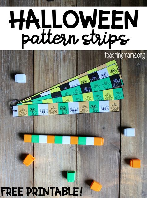 Halloween pattern strips Kindergarten Pattern Art, Halloween Math Activities Kindergarten, Halloween Math Stations, Halloween Kindergarten Activities, Kinder Math Centers, Patterning Kindergarten, Halloween Lesson Plans, Halloween Centers, Preschool Patterns