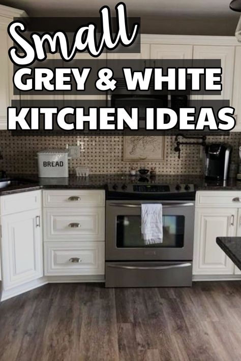 Small kitchen ideas - love these grey and white kitchens especially this tiny kitchen makeover with dark countertops and white cabinets! Small Kitchen Ideas Grey And White, Grigio Elegante Quartz, White Kitchen Grey Countertops, White Uppers Grey Lowers Kitchen, Gray White Kitchen Ideas, Black White And Grey Kitchen Decor Ideas, White Kitchen Cabinets With Dark Countertops, Black Gray And White Kitchen, Black White And Grey Kitchen Ideas