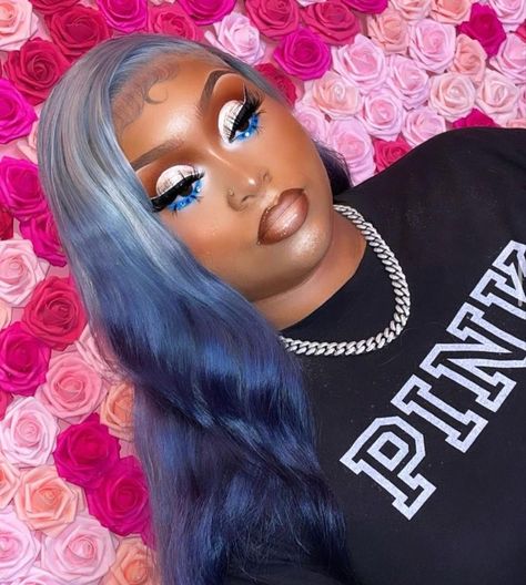 Blue Glitter Makeup Looks, Gender Reveal Makeup Ideas Black Women, Baby Blue Makeup Looks Black Women, Blue Birthday Makeup, Light Blue Makeup Looks Black Women, Royal Blue Makeup Looks Black Women, Blue Makeup Looks Black Women, Blue Prom Makeup Looks, Baby Shower Makeup Ideas