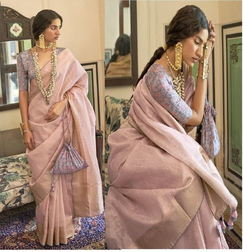 Pink Latest Tissue Organza Silk Saree For Women with Zari and Kalamkari Blouse 2023 Pink Tissue Saree Blouse Designs, Tissue Organza Saree Blouse Designs, Peach Color Saree, Blouse 2023, Tissue Sarees, Kalamkari Blouse, Latest Silk Sarees, Saree Bollywood, Fancy Sarees Party Wear