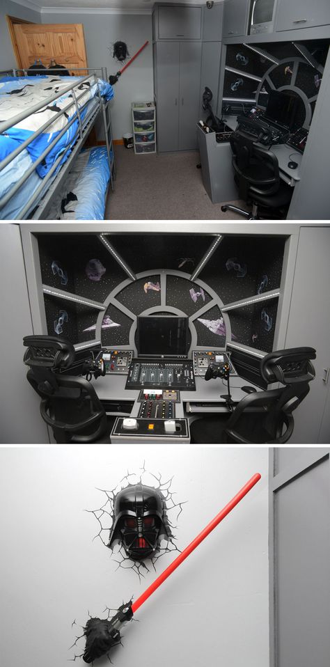 The ultimate bed room for young Star Wars fans Darth Vader Bedroom, Mandalorian Room Decor, Starwars Room Ideas Boys, Starwars Bedroom Boys, Star Wars Office Ideas, Star Wars Bedroom Boys, Boys Room Furniture, Star Wars Bedroom Ideas, Star Wars Themed Room