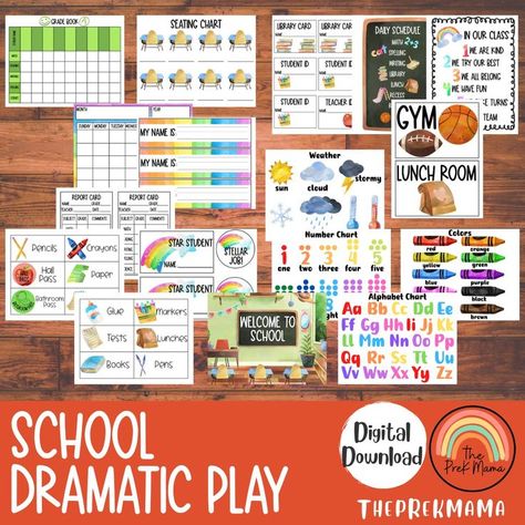 This school dramatic play is perfect for playing school and teacher. Lots of printables included for a variety of ways to set up and play.

Includes:
- Bathroom Passes
- Hall Passes
- 4 Educational Posters
- Labels
- Report Cards
- Student Achievements
- Name Tags
- Calendar
- Grade Book
- Spelling and Math tests
- Seating Chard
- Worksheets
- ID cards
- Daily Schedule
- Attendance
- Classroom Rules
- 6 Posters (bus line, art, recess, library, gym and lunch room) Teacher Dramatic Play, Home Dramatic Play, School Dramatic Play, Classroom Dramatic Play, Dramatic Play Themes, Dramatic Play Preschool, Report Cards, Play Pretend, Dramatic Play Centers